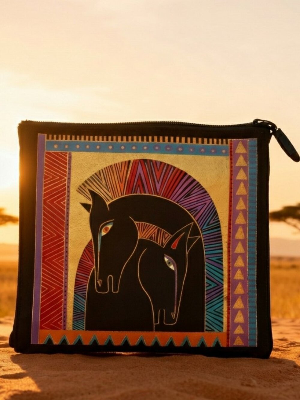 Laurel Burch Black Horses Colorful Geometric Zip Pouch
